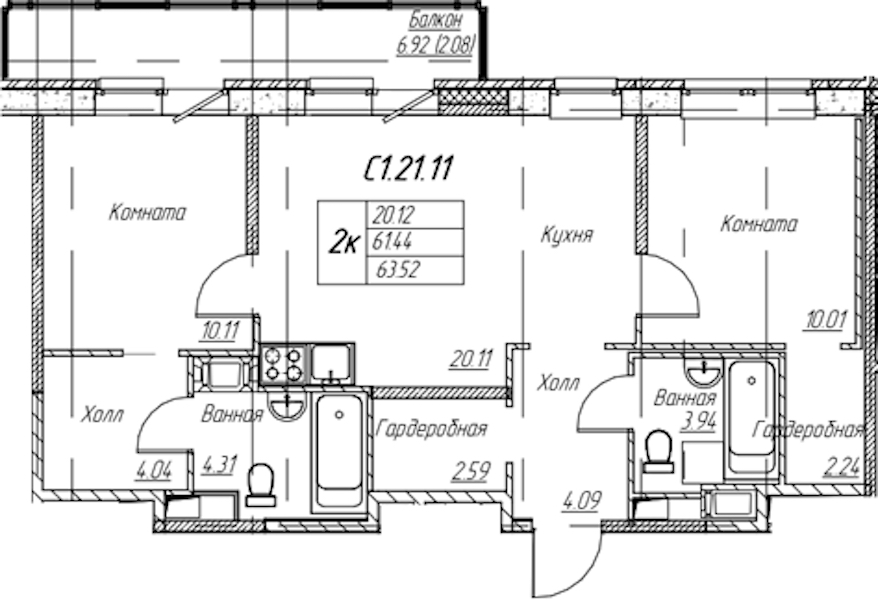 2-комнатная квартира 63.52 м², 21/22 эт., ЖК «Парк-квартал Юнтолово»